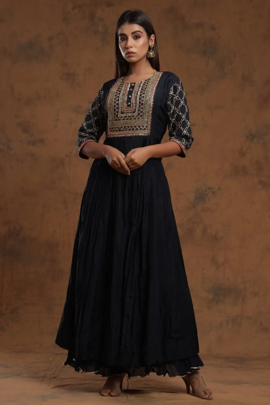 Black Chanderi Silk Kalidar  Kurti With Embroidery