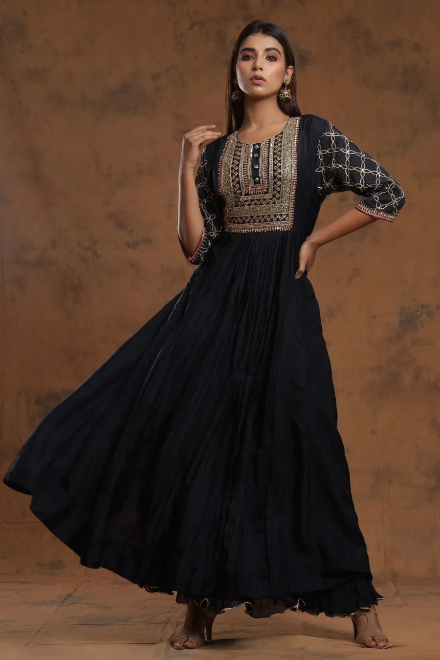 Black Chanderi Silk Kalidar  Kurti With Embroidery