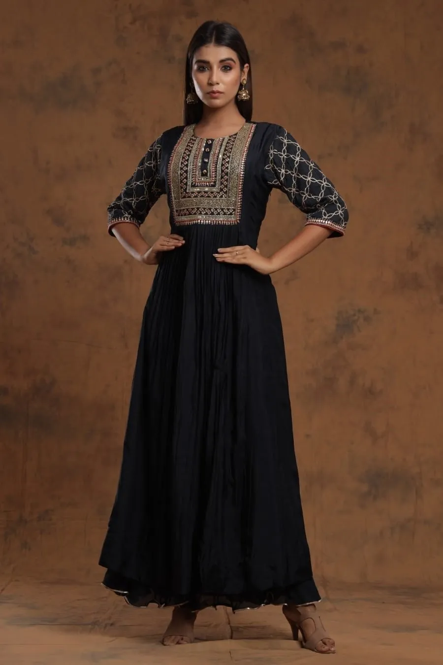 Black Chanderi Silk Kalidar  Kurti With Embroidery