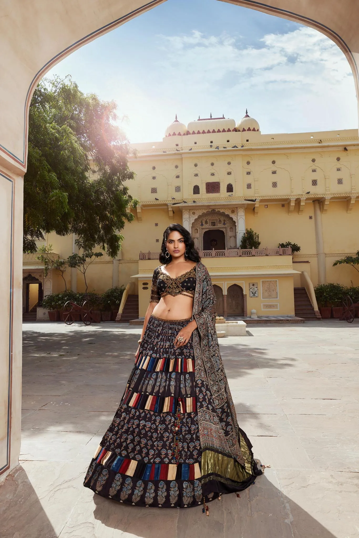 Black Ethnic Printed Vama Georgette Silk Lehenga Set