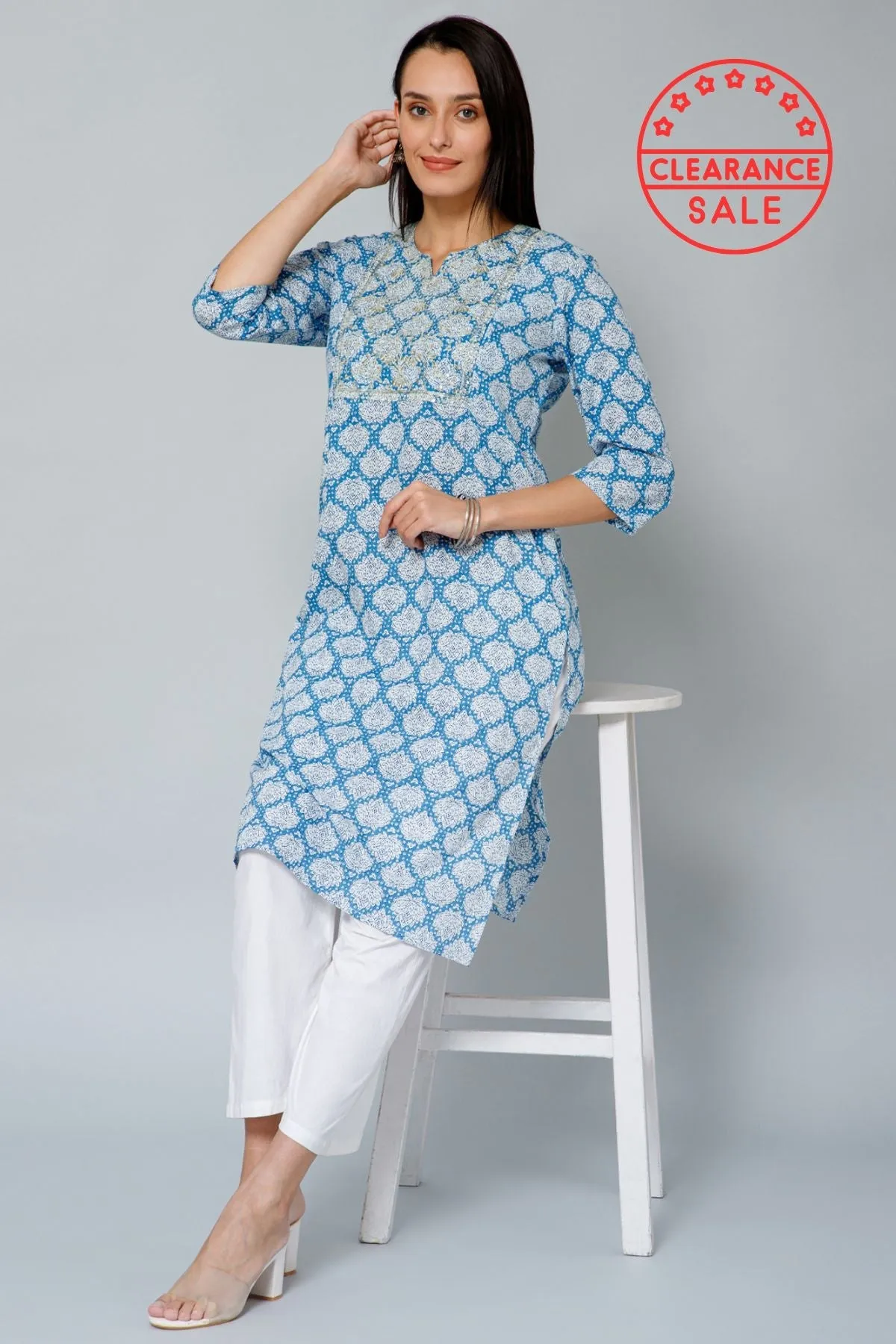 Blue and White Embroidery & Sequins Maternity Kurti