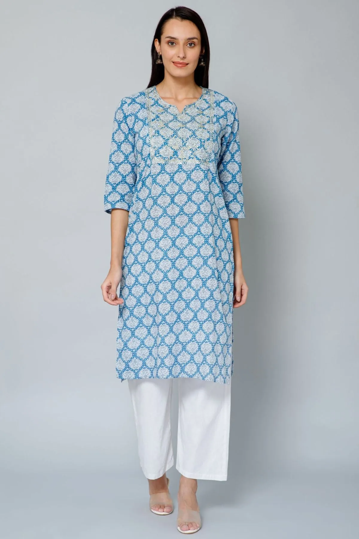 Blue and White Embroidery & Sequins Maternity Kurti