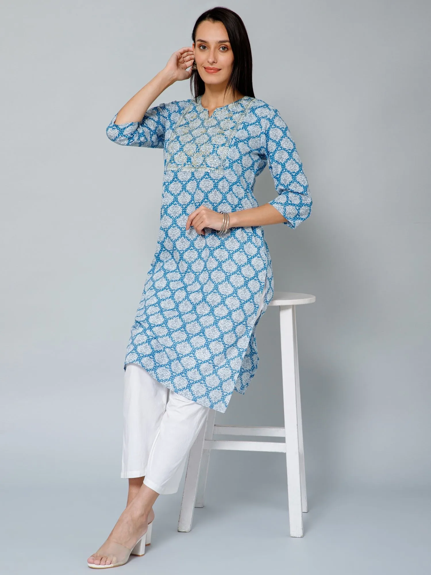 Blue and White Embroidery & Sequins Maternity Kurti