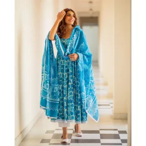 Blue Floral Cotton Women Kurti Pant with Dupatta Suit