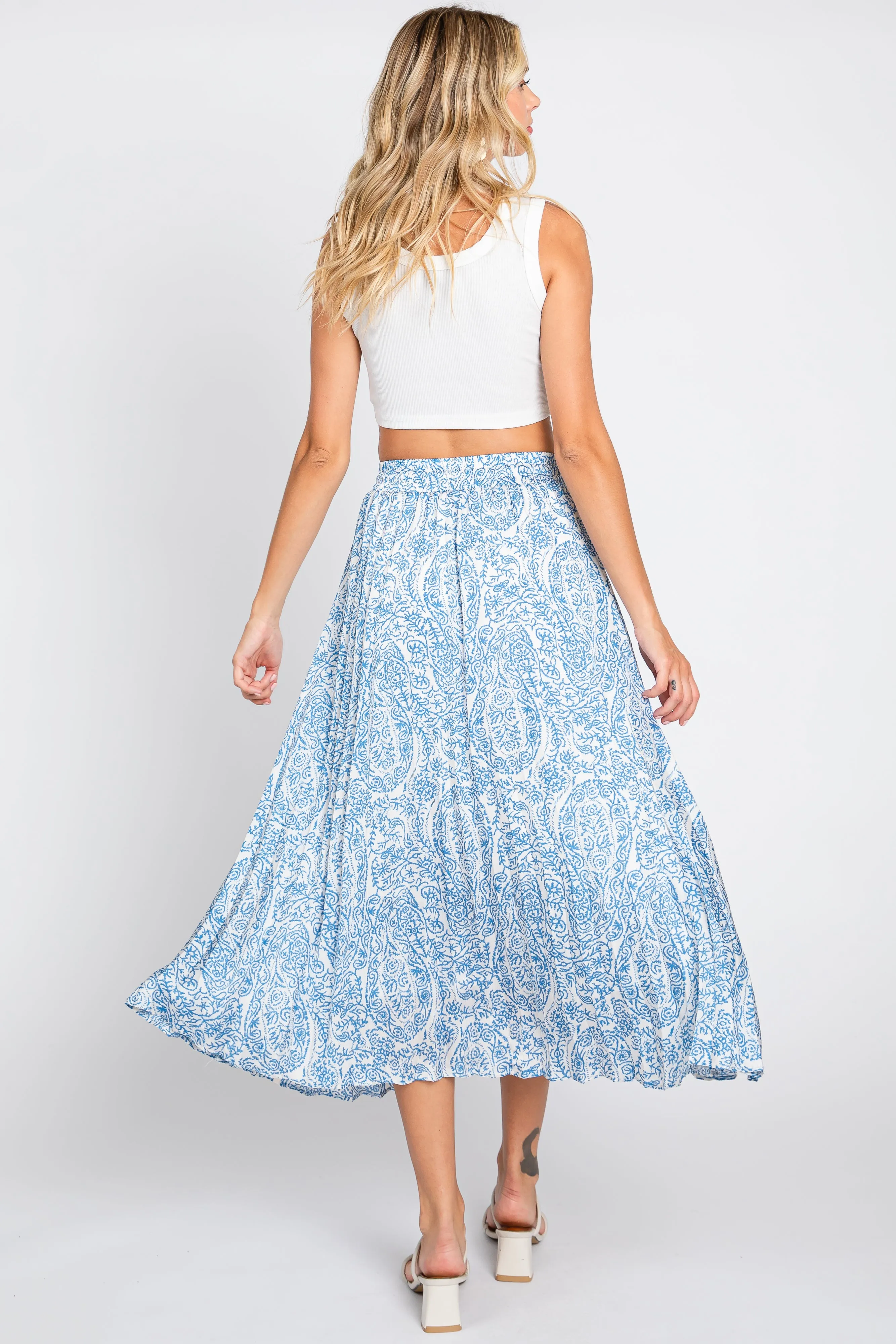 Blue Paisley Pleated Midi Skirt