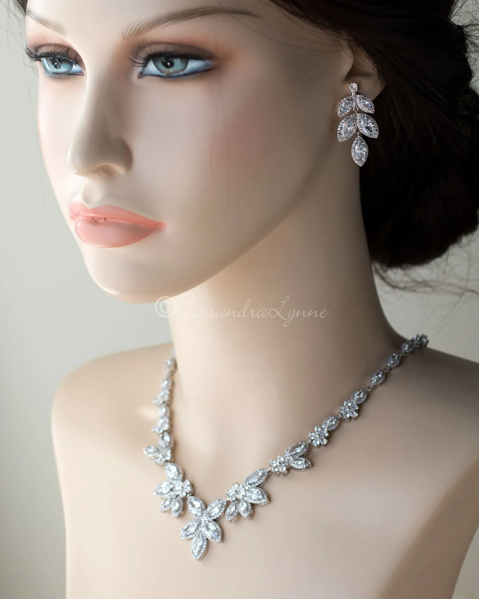 Bridal Necklace Earring Set of Pave Marquise Leaf Crystals