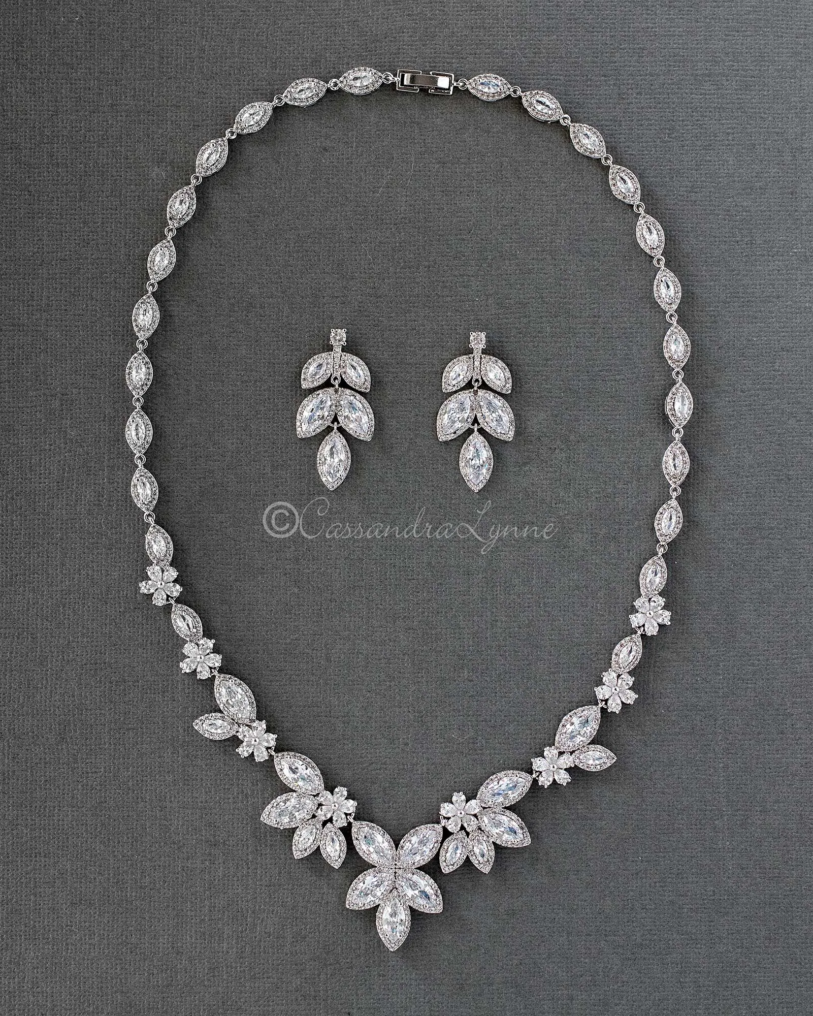 Bridal Necklace Earring Set of Pave Marquise Leaf Crystals