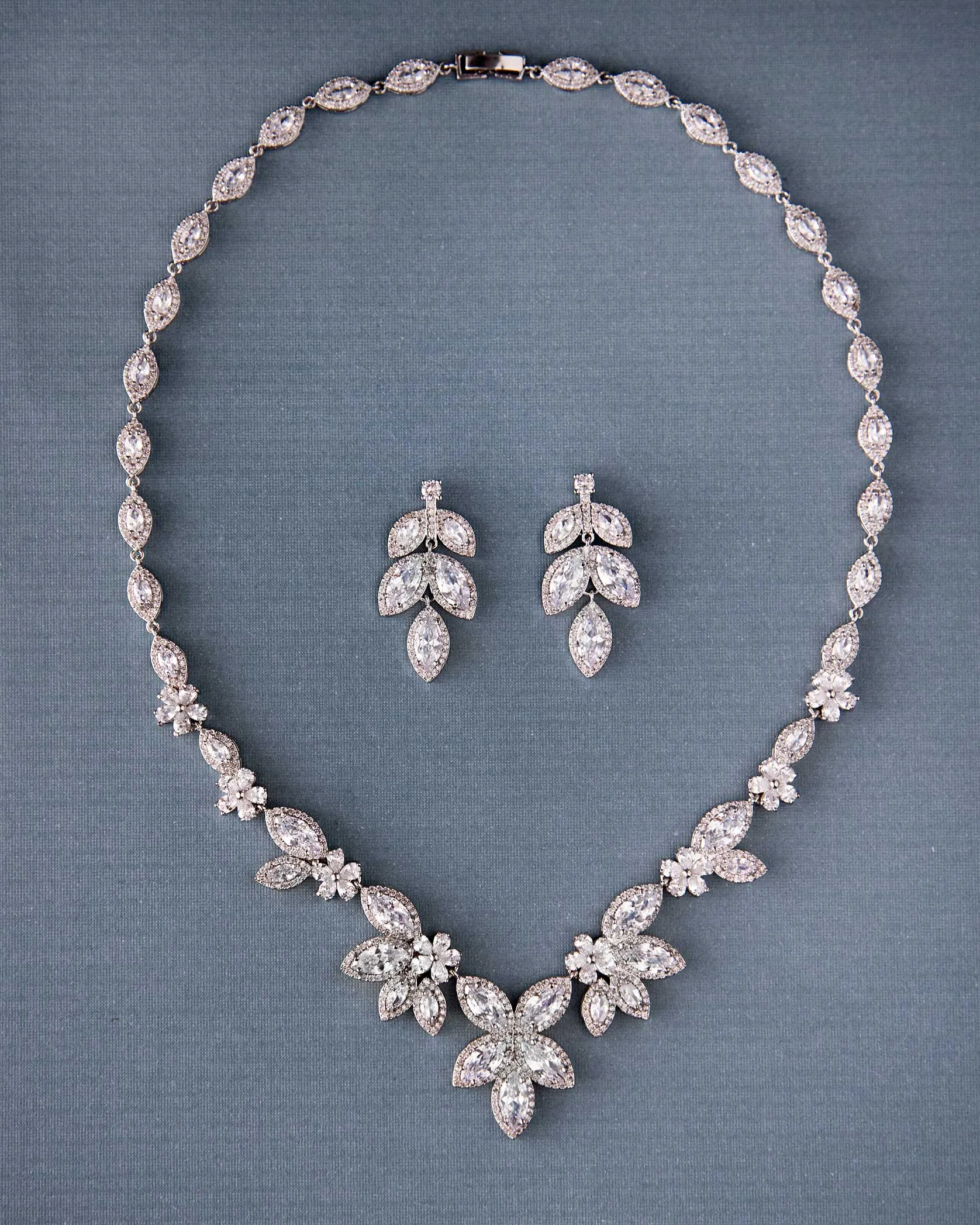 Bridal Necklace Earring Set of Pave Marquise Leaf Crystals