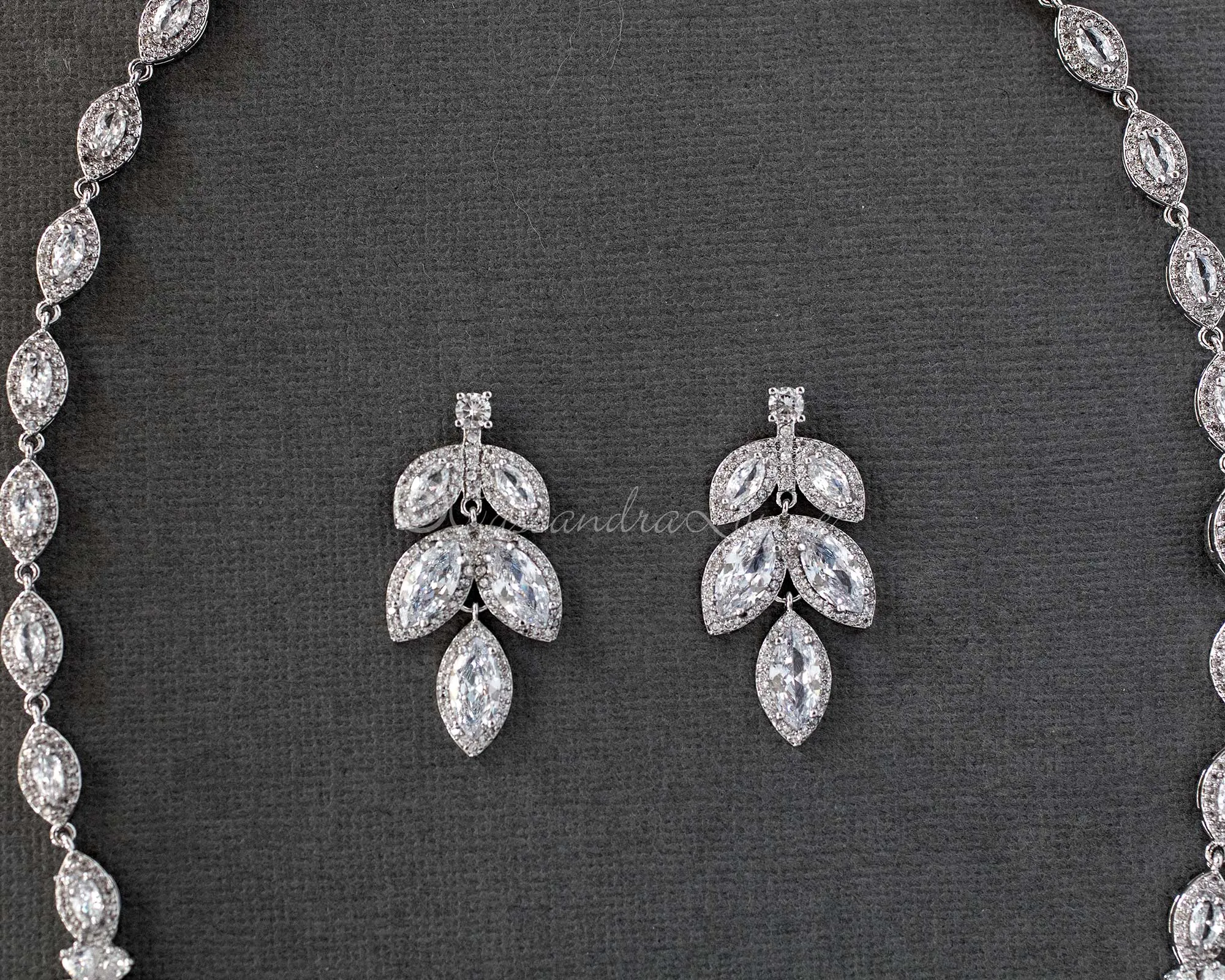 Bridal Necklace Earring Set of Pave Marquise Leaf Crystals