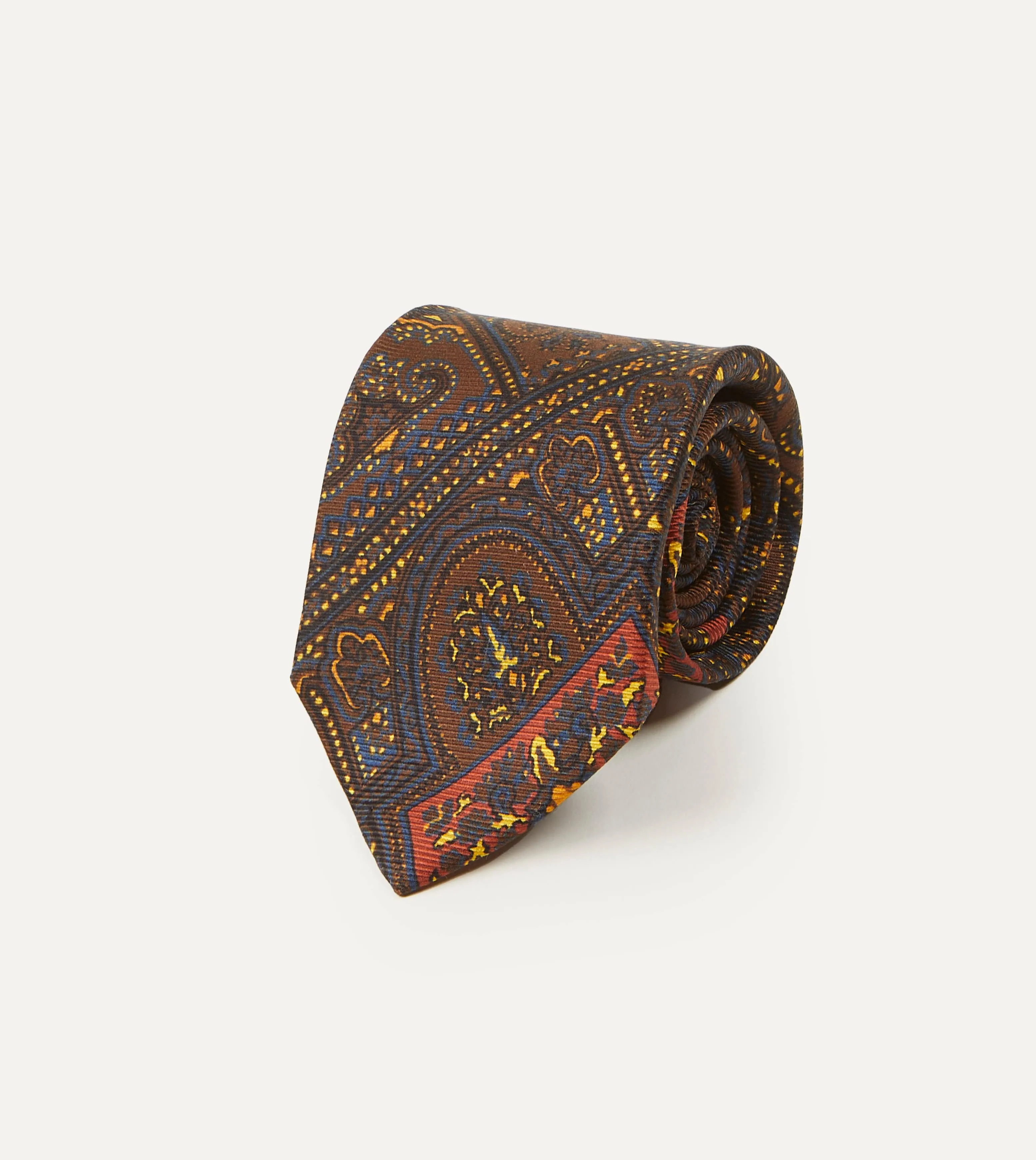 Brown, Navy and Red Paisley Print Madder Twill Silk Tie