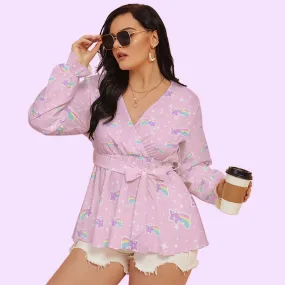 Bubblegum Bunny Shooting Stars Women's V-neck Long Sleeve Blouse With Waistband