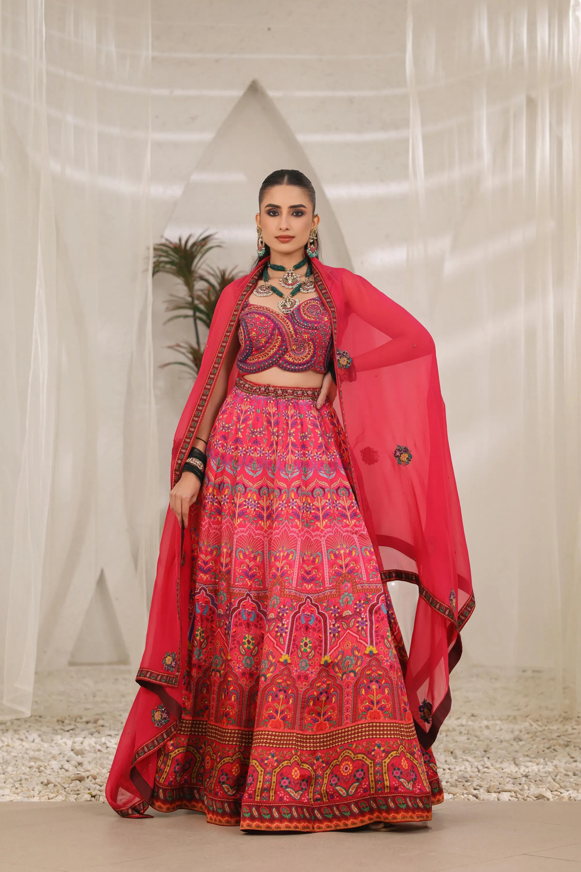 Cerise Pink Traditional Printed Premium Silk Lehenga Set