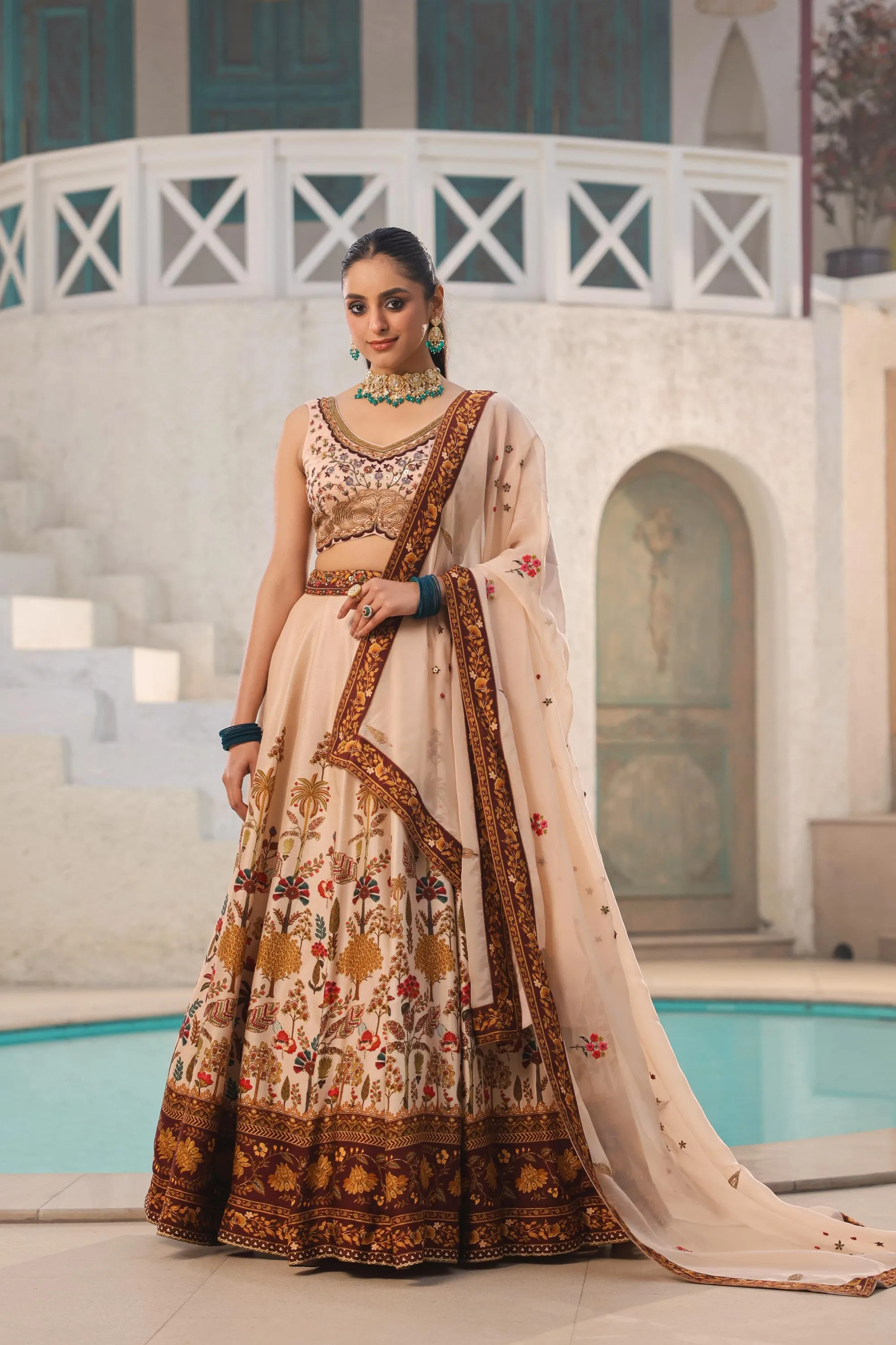 Champagne Traditional Printed Raw Silk Lehenga Set