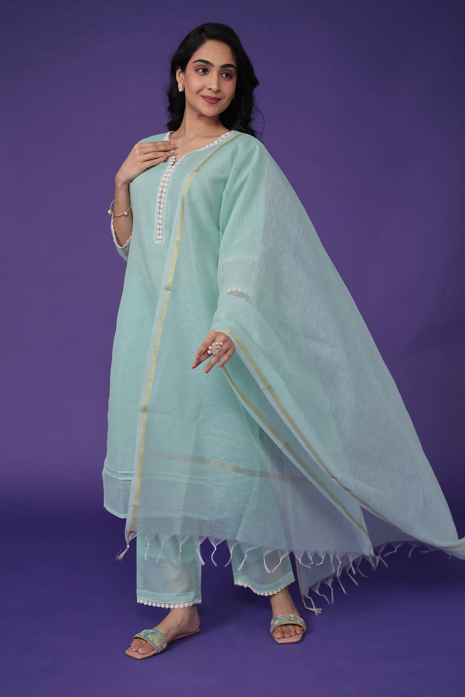 Chanderi Kurta Set Stitched with Embroidered work