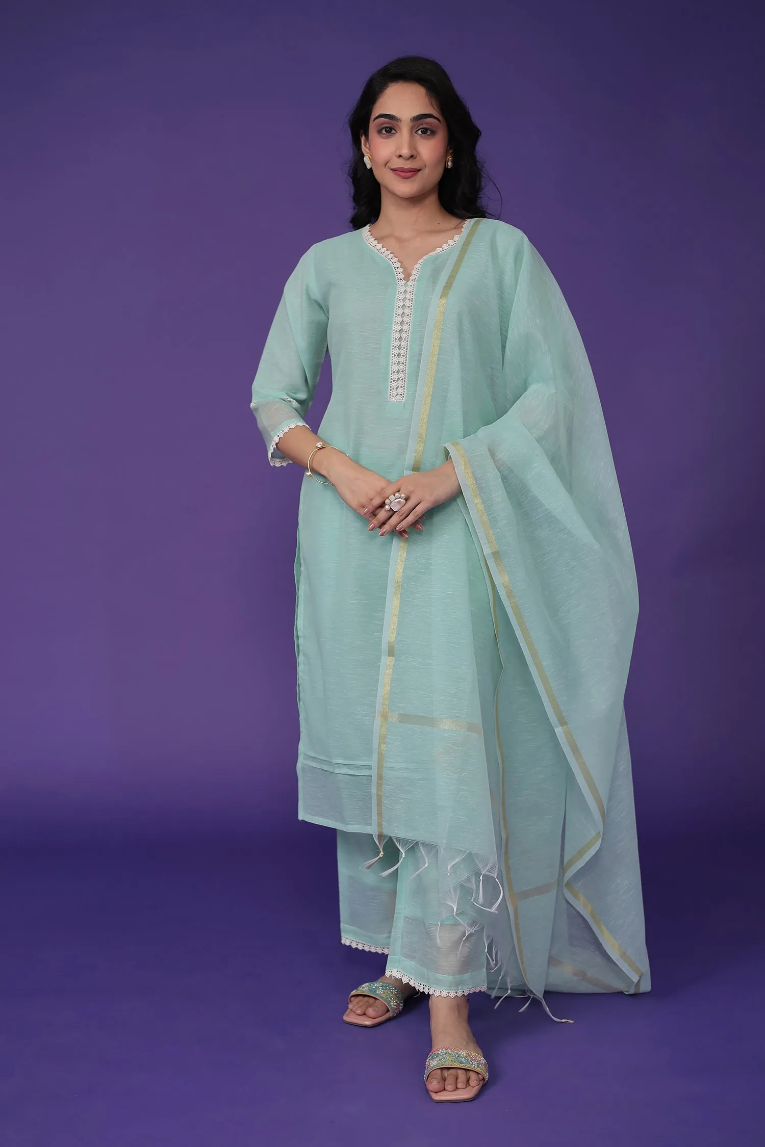 Chanderi Kurta Set Stitched with Embroidered work