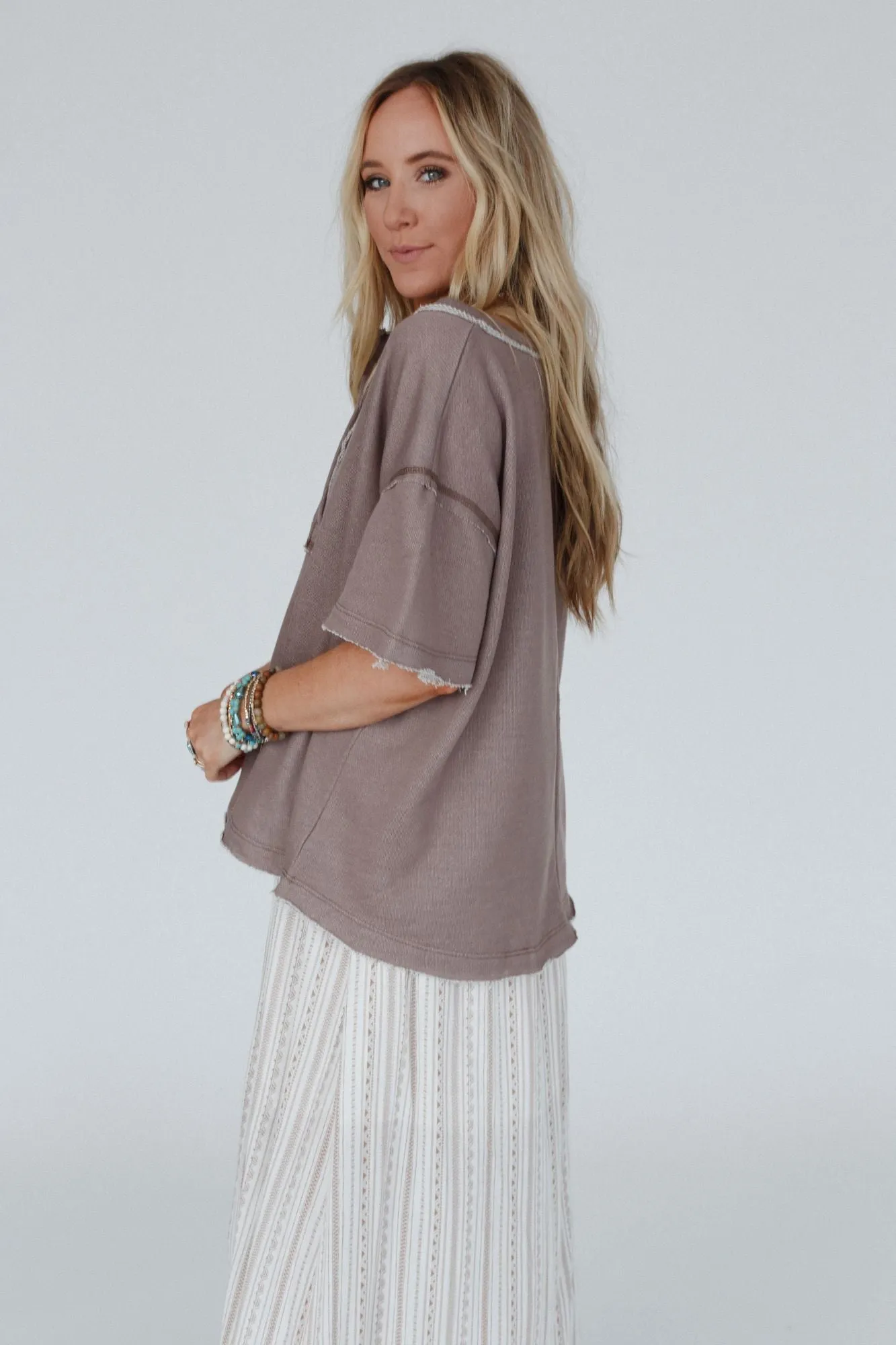 Chill Vibes Raw Henley Top - Taupe