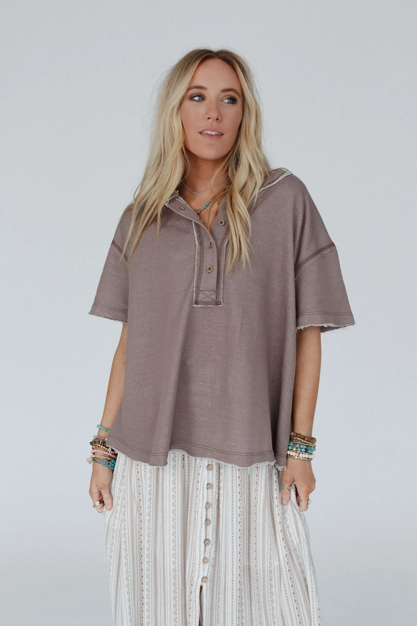 Chill Vibes Raw Henley Top - Taupe