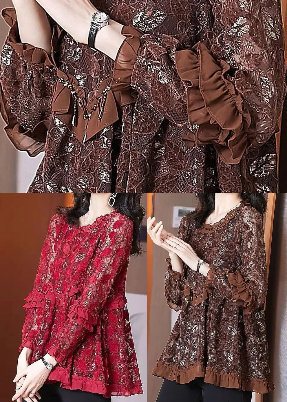 Chocolate Hollow Out Lace Blouse Tops Ruffled Spring HA1062