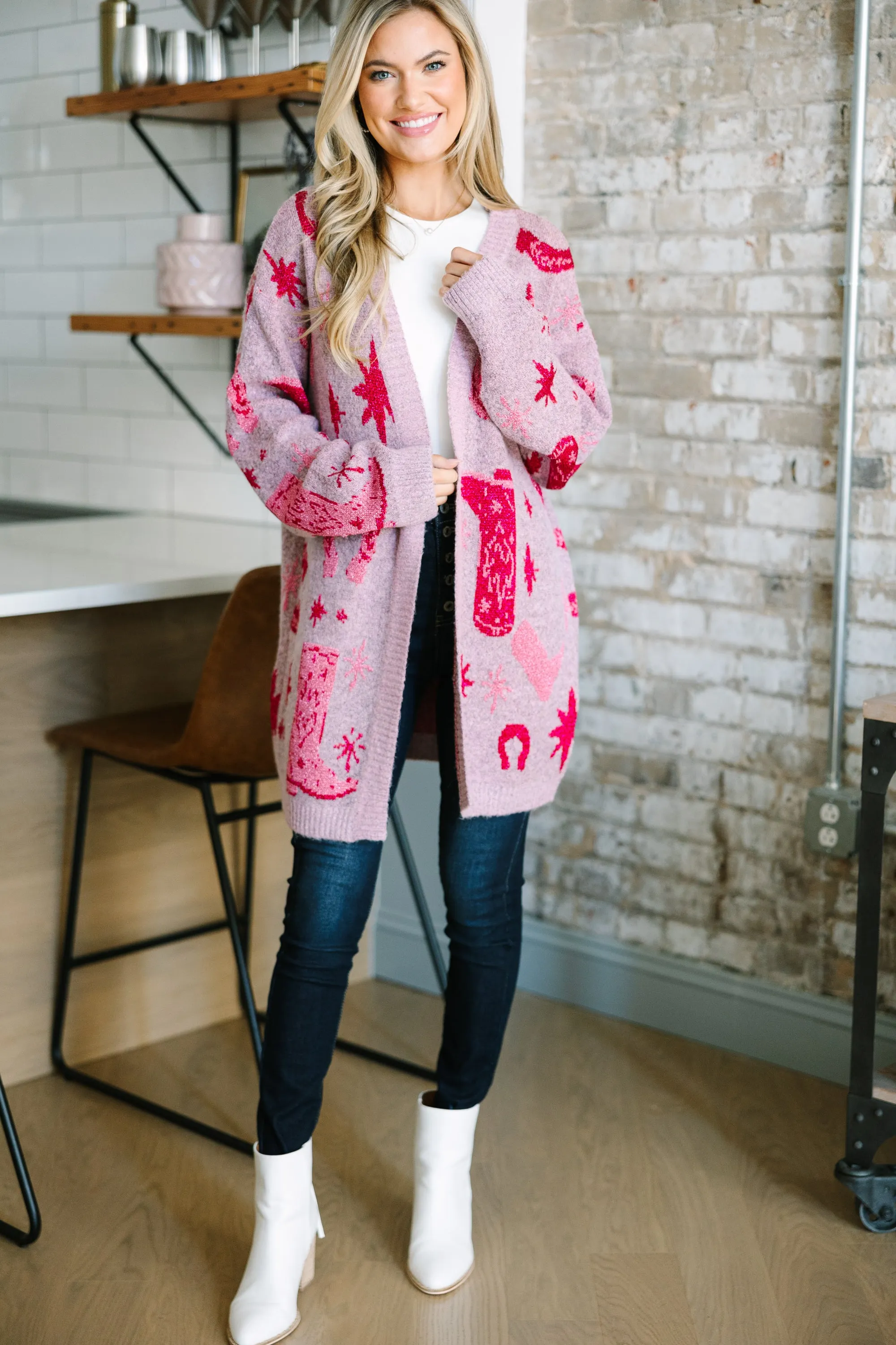 Cowboy Craze Blush Pink Printed Cardigan