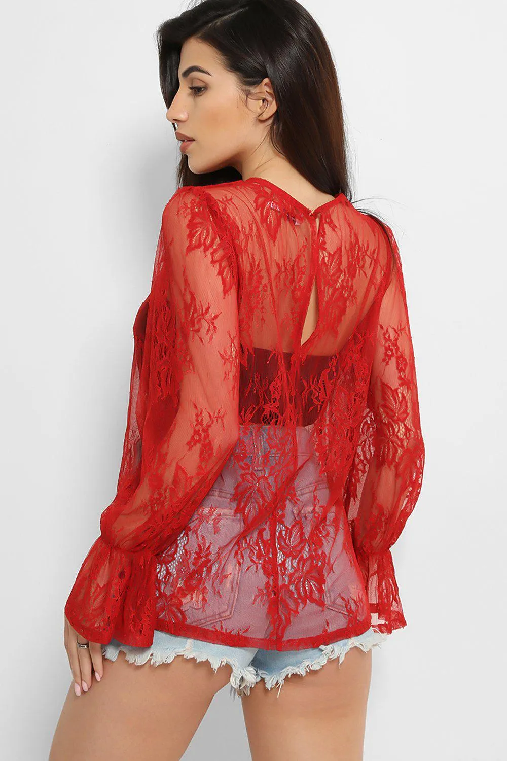 Dark Red Sheer Lace Blouse