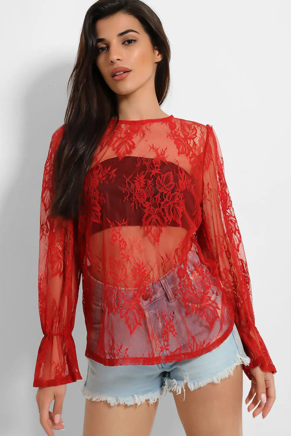 Dark Red Sheer Lace Blouse