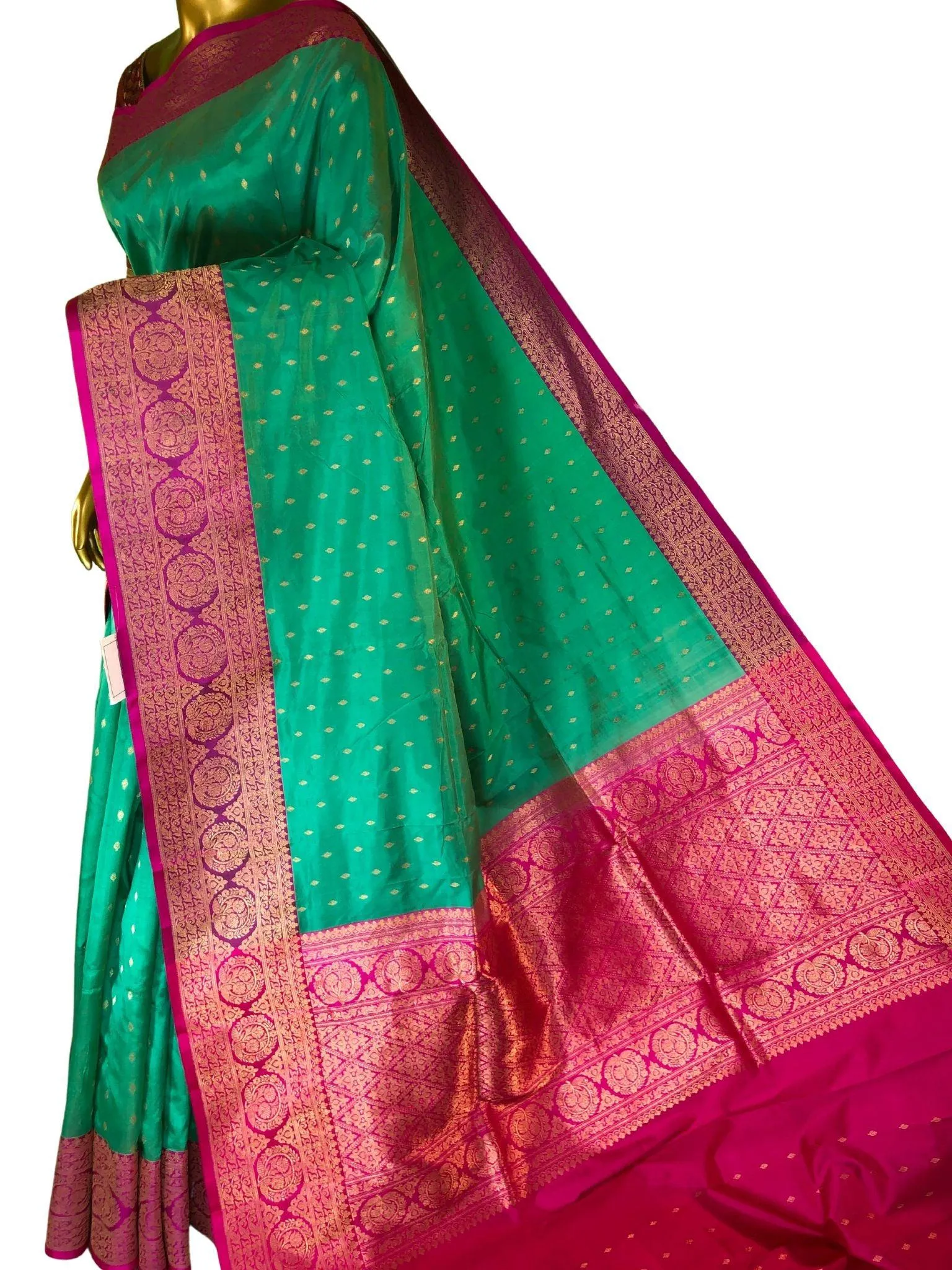 Dark Sea-foam Green Color Katan Banarasi Saree Allover Buti Work