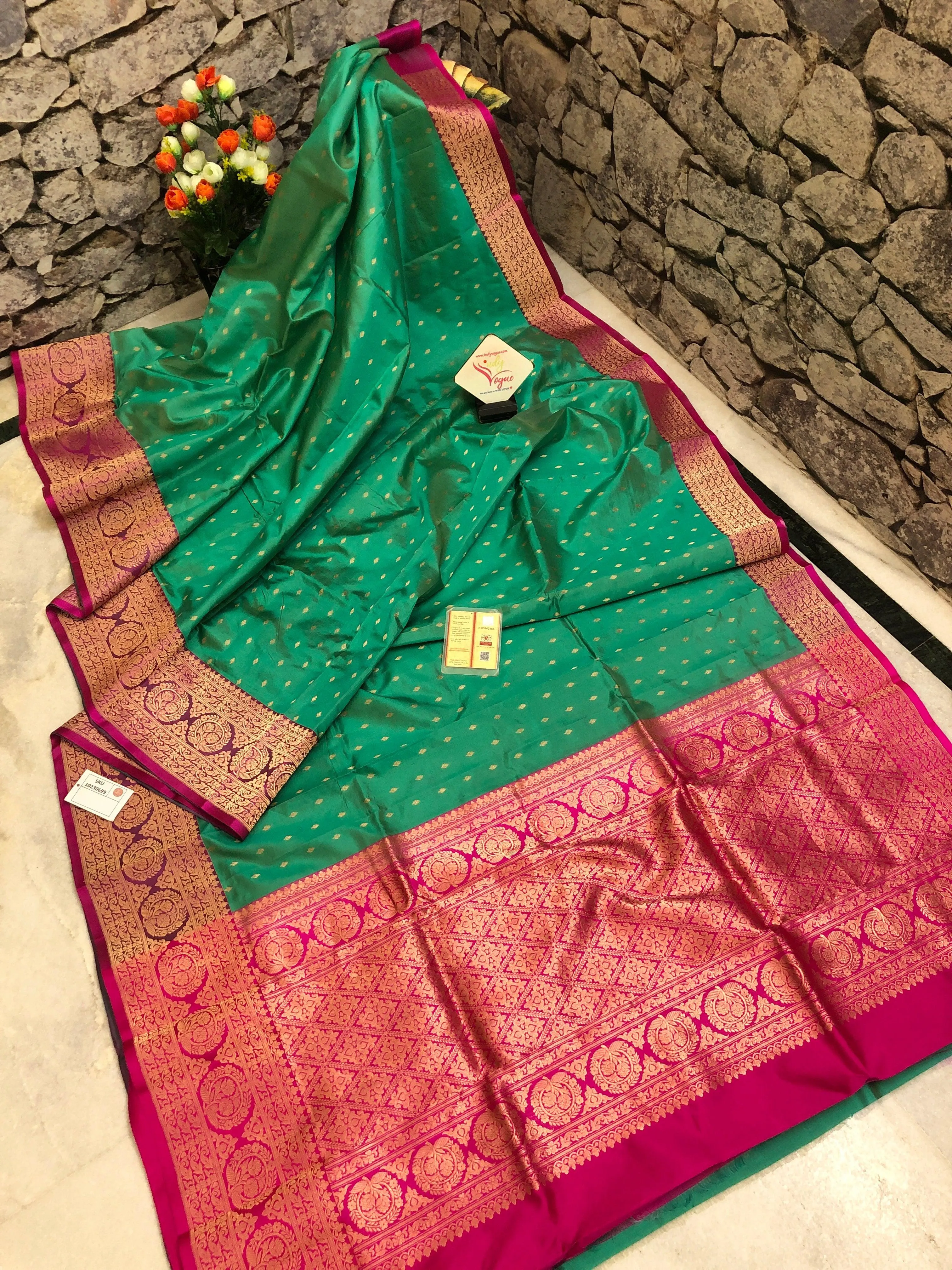 Dark Sea-foam Green Color Katan Banarasi Saree Allover Buti Work