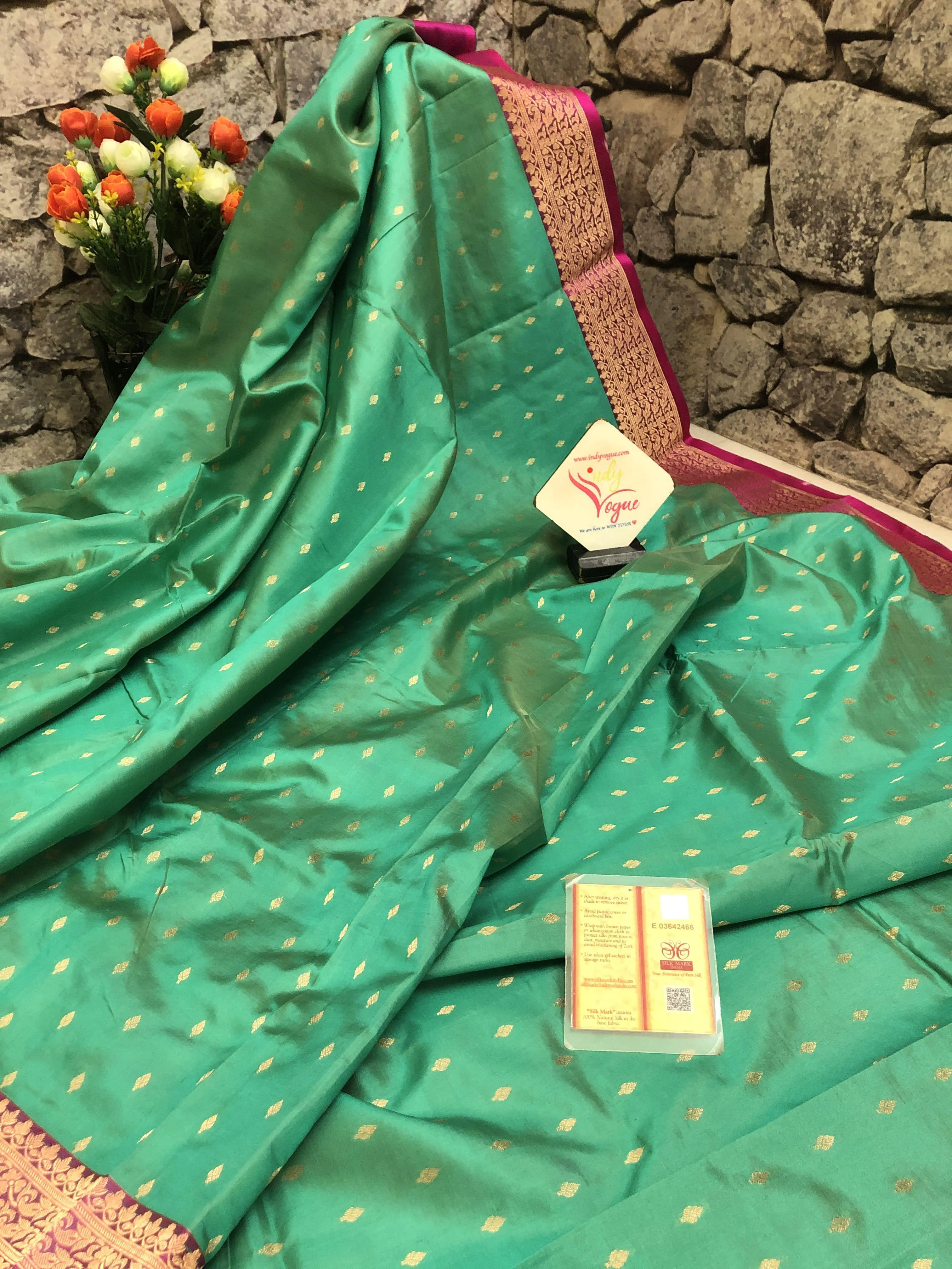 Dark Sea-foam Green Color Katan Banarasi Saree Allover Buti Work