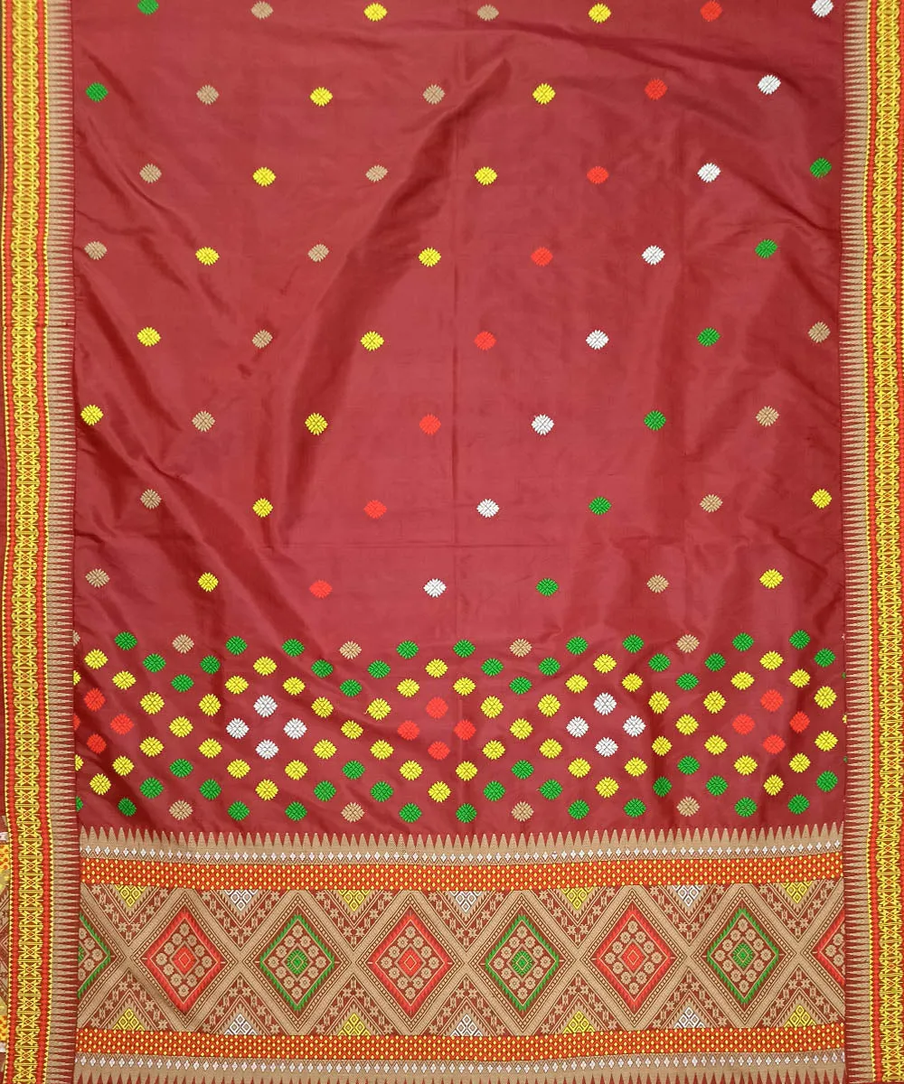 Deep red multicolor silk handloom assam mekhela chador