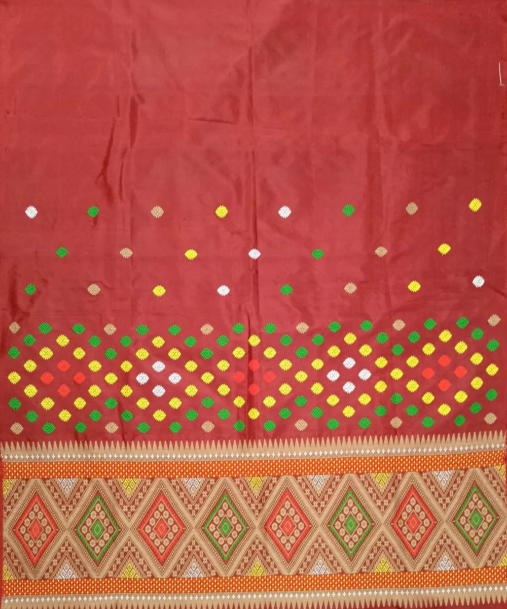 Deep red multicolor silk handloom assam mekhela chador