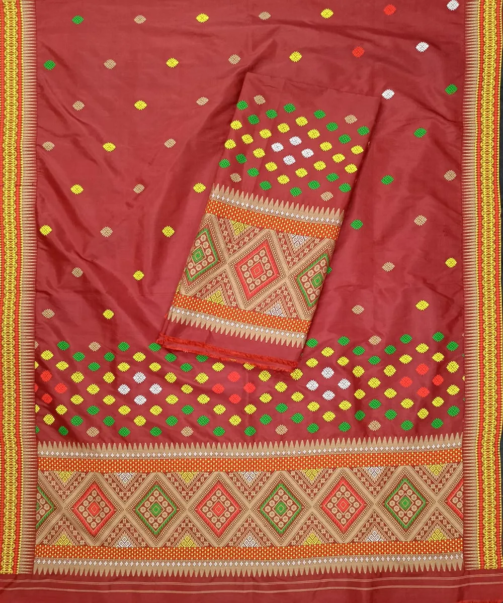 Deep red multicolor silk handloom assam mekhela chador