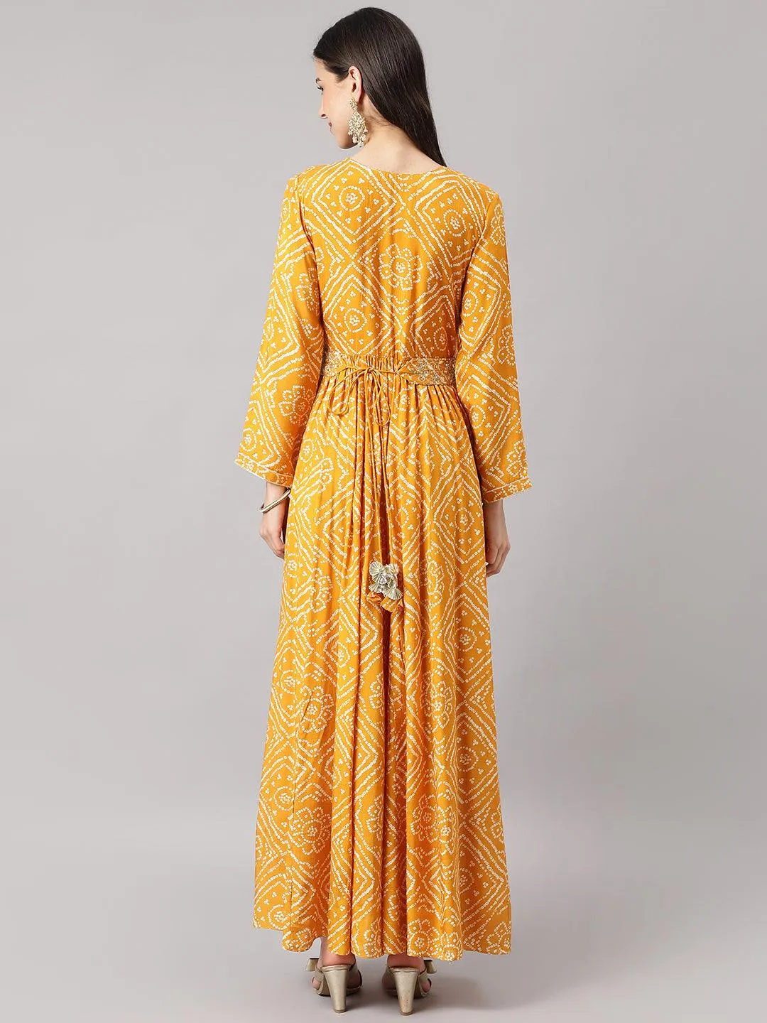 Divena Mustard bandhani Printed Muslin Zari work Drape Style Flared Gown