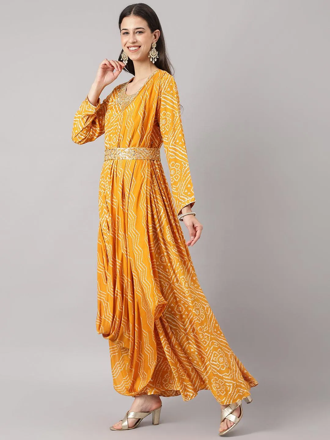 Divena Mustard bandhani Printed Muslin Zari work Drape Style Flared Gown