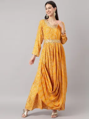 Divena Mustard bandhani Printed Muslin Zari work Drape Style Flared Gown