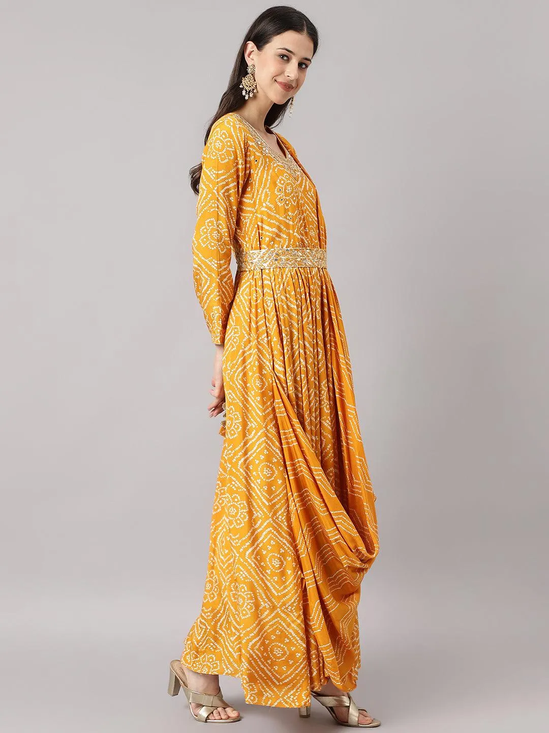 Divena Mustard bandhani Printed Muslin Zari work Drape Style Flared Gown