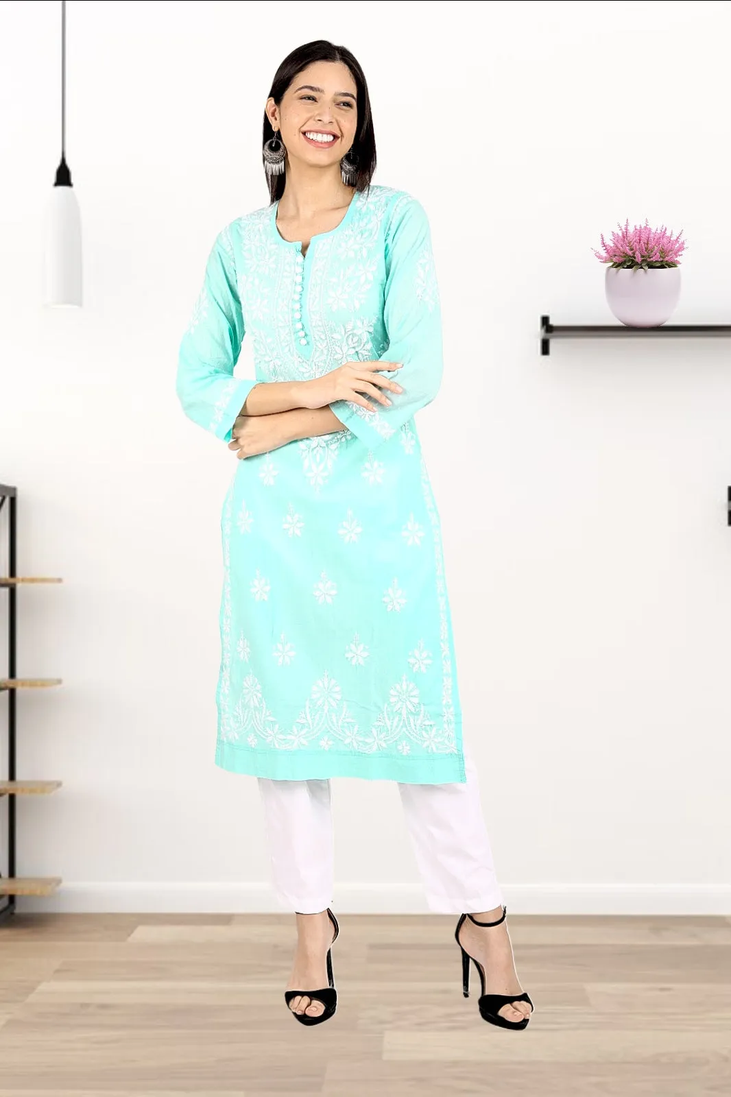 Dobby Chrochet Chikankari Straight Kurti