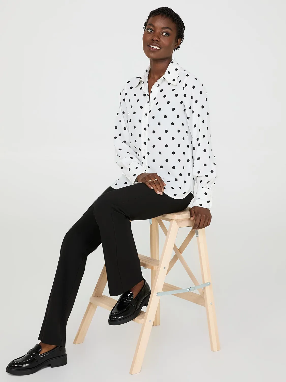 Dot Print Chiffon Button-Front Blouse