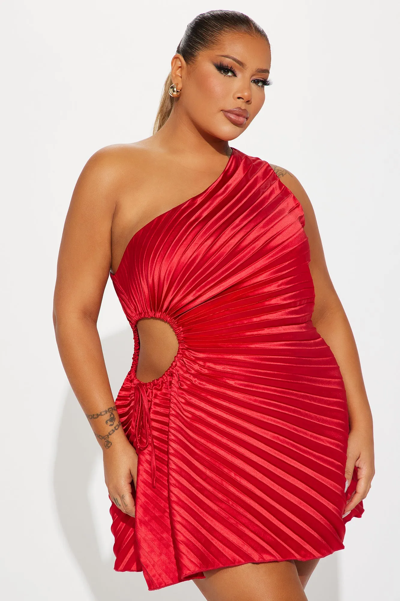 Elettra Pleated Satin Micro Mini Dress - Red