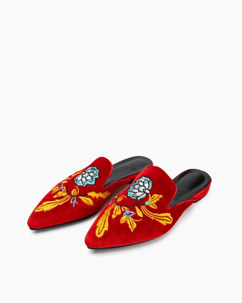 Embroidered Floral Flat Pointed Toe Mules