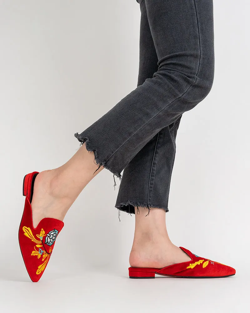 Embroidered Floral Flat Pointed Toe Mules