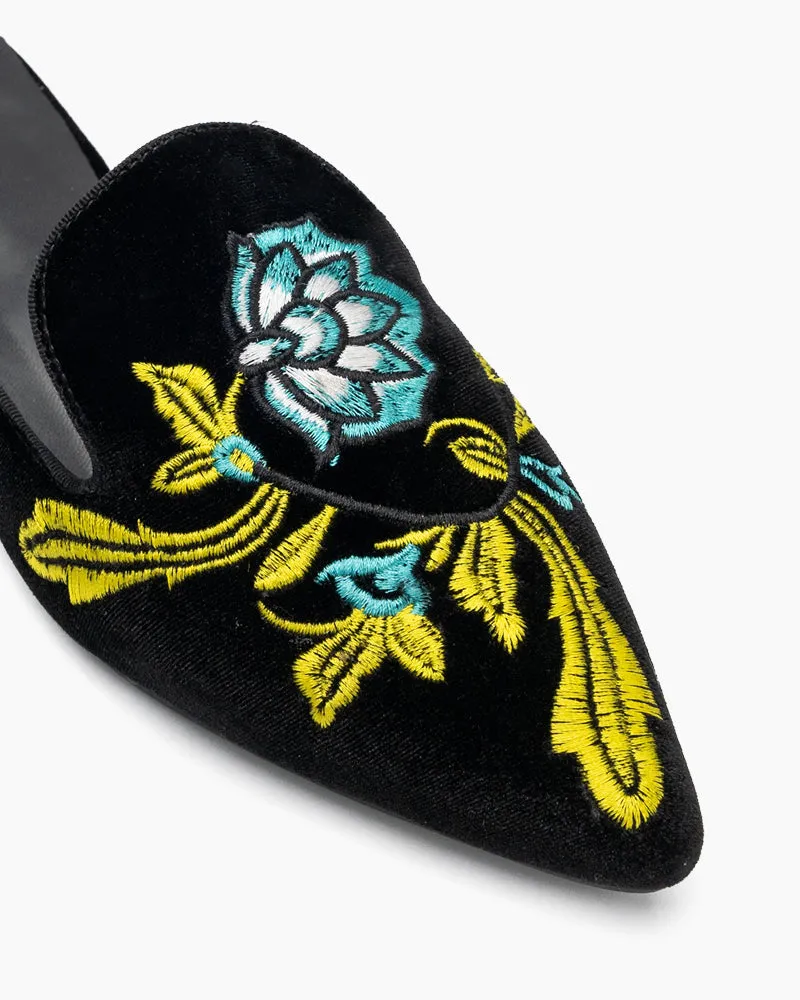 Embroidered Floral Flat Pointed Toe Mules