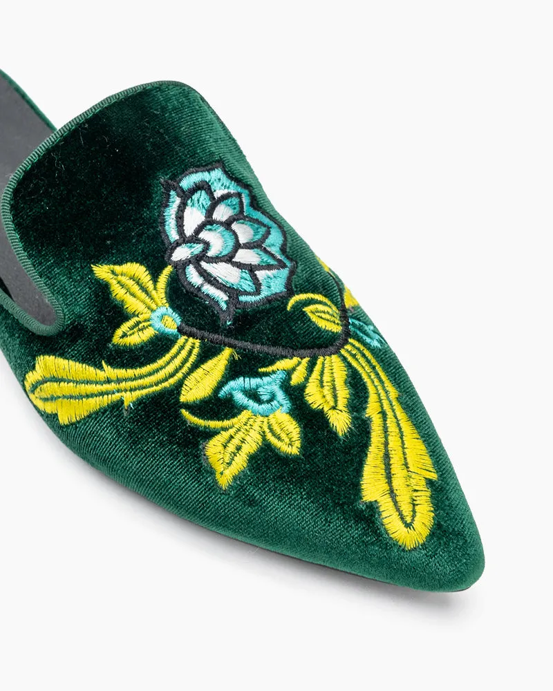 Embroidered Floral Flat Pointed Toe Mules