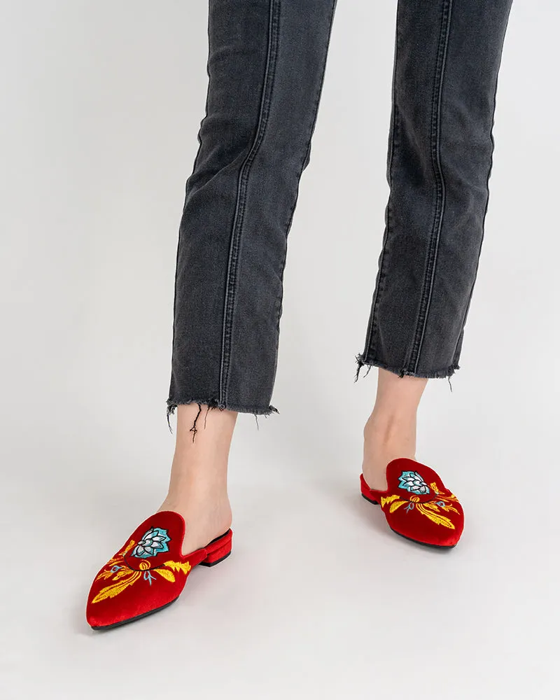 Embroidered Floral Flat Pointed Toe Mules