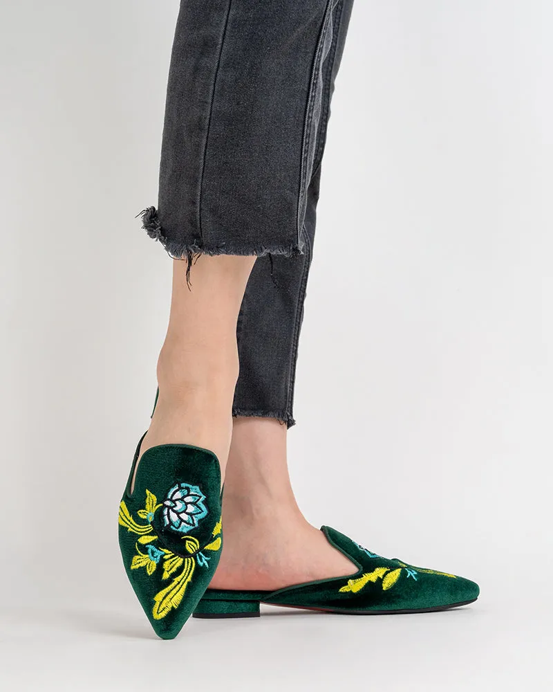 Embroidered Floral Flat Pointed Toe Mules