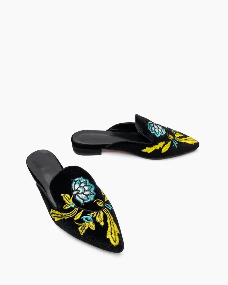 Embroidered Floral Flat Pointed Toe Mules