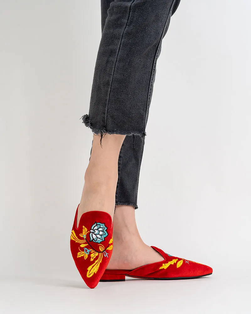 Embroidered Floral Flat Pointed Toe Mules