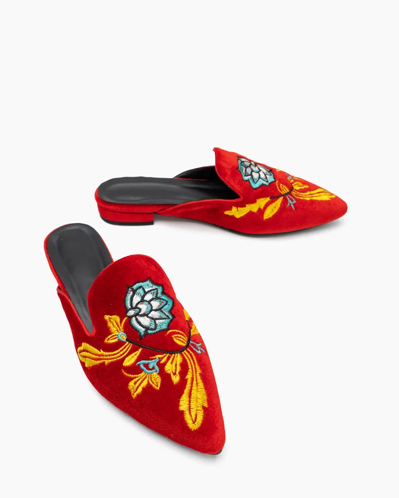 Embroidered Floral Flat Pointed Toe Mules