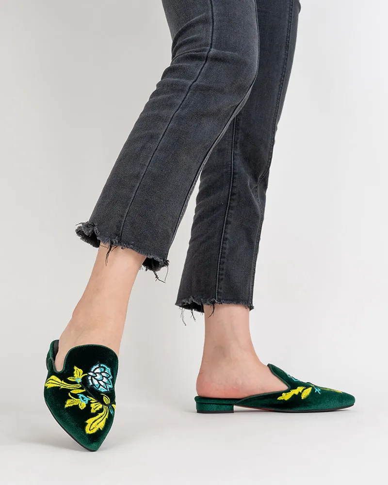 Embroidered Floral Flat Pointed Toe Mules