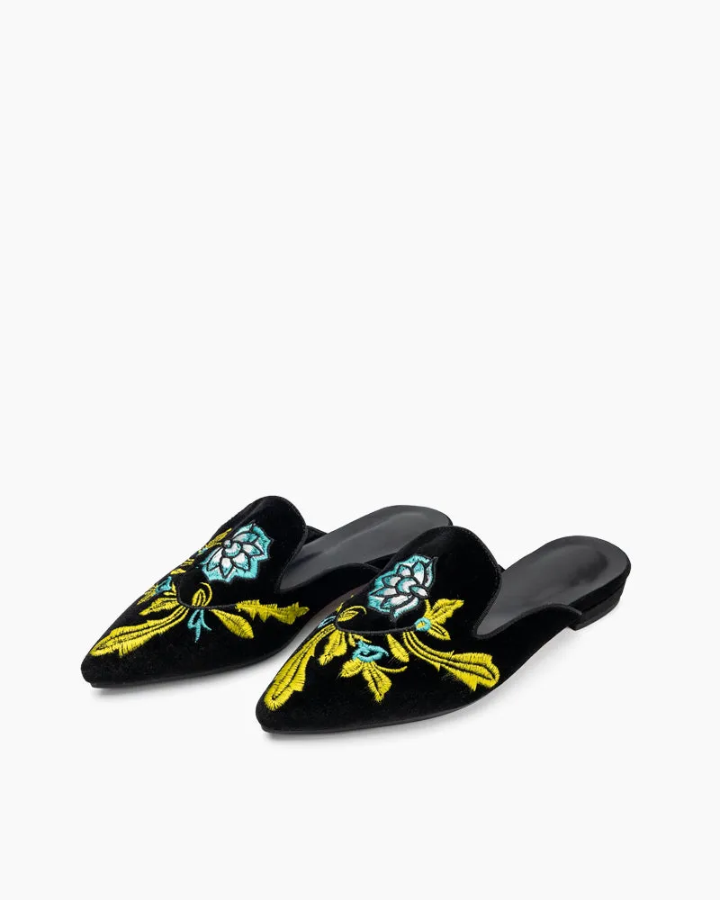 Embroidered Floral Flat Pointed Toe Mules