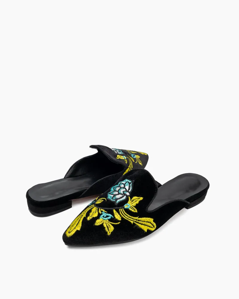 Embroidered Floral Flat Pointed Toe Mules